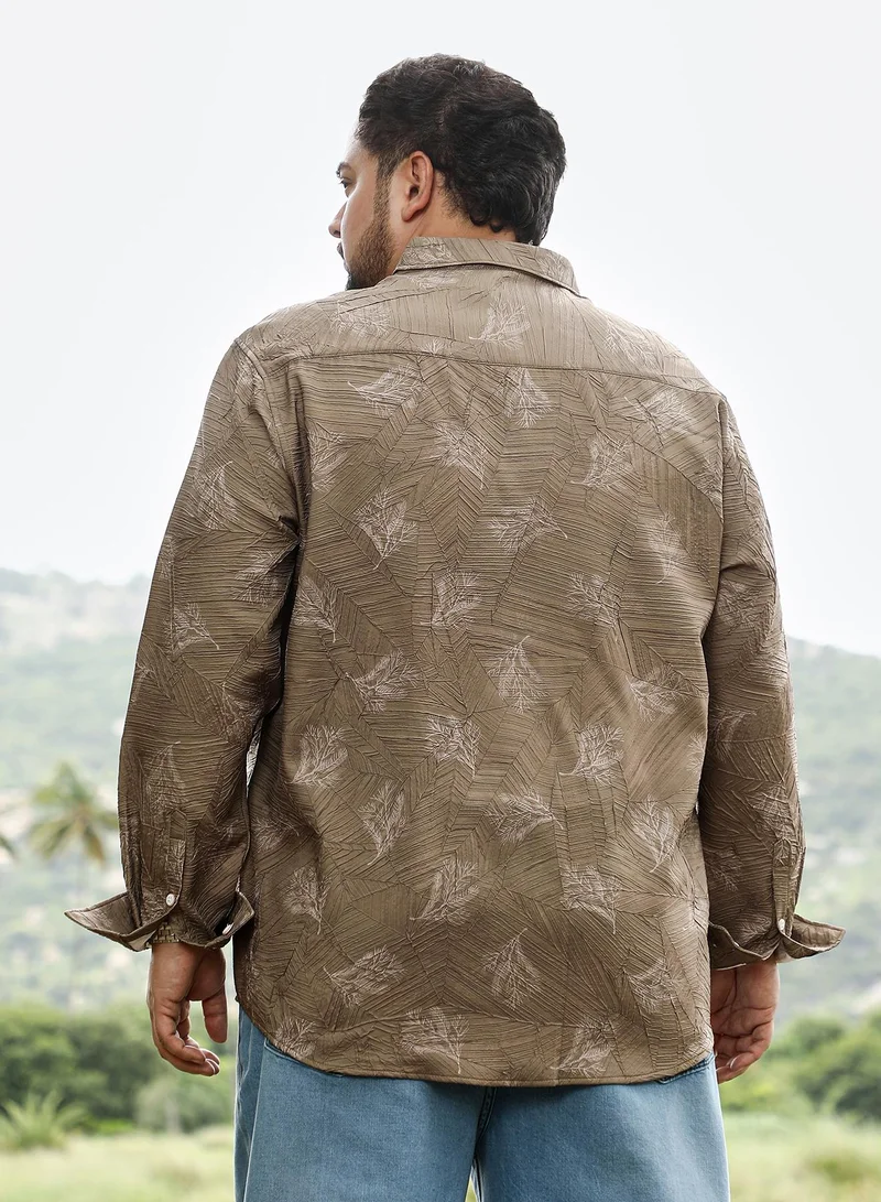 Instafab Plus  Instafab Plus Men Twig-Imprint Foliage-Tactile Shirt | Spread Collar , Long Cuffed Sleeves | Button Closure , Curved Hem | Floral Print Textured | Woven Fabric For Casual & Evening Wear | Ash Brown for Men | Best Price UAE