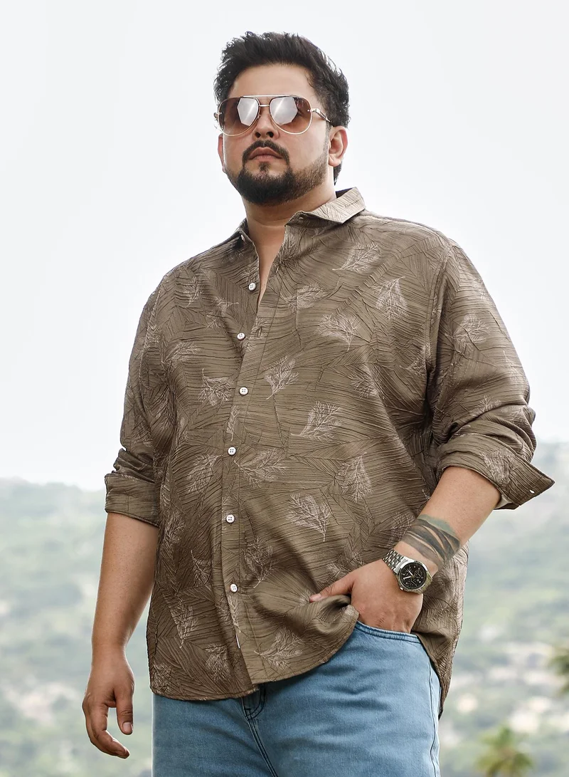 Instafab Plus Instafab Plus Men Twig-Imprint Foliage-Tactile Shirt | Spread Collar , Long Cuffed Sleeves | Button Closure , Curved Hem | Floral Print Textured | Woven Fabric For Casual & Evening Wear | Ash Brown