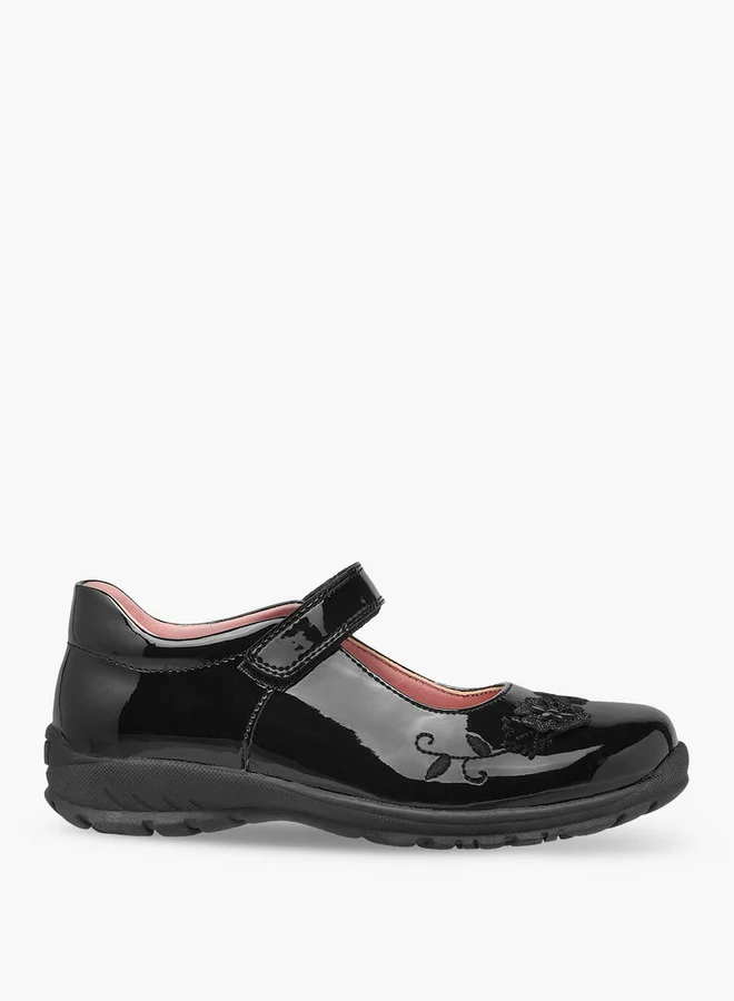 JUNIORS Girls Floral Embroidered Mary Jane School Shoes with Hook and Loop Closure