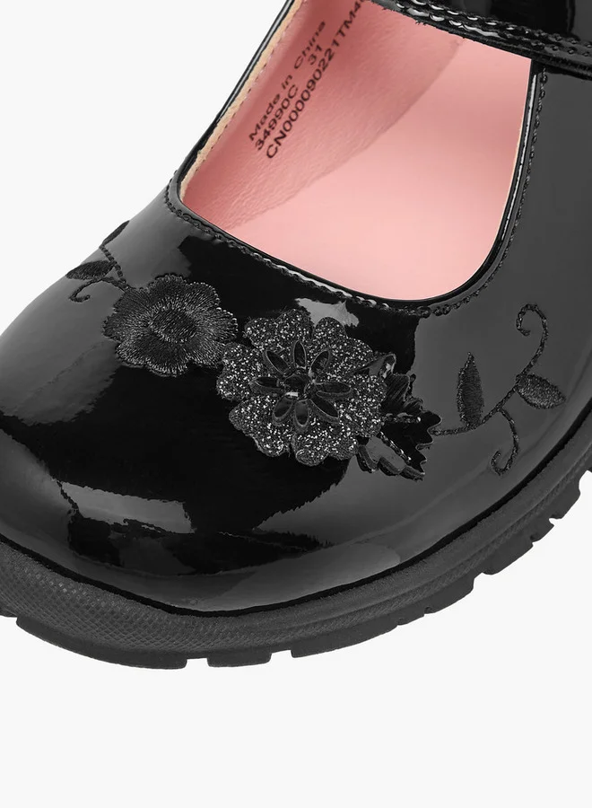 JUNIORS Girls Floral Embroidered Mary Jane School Shoes with Hook and Loop Closure
