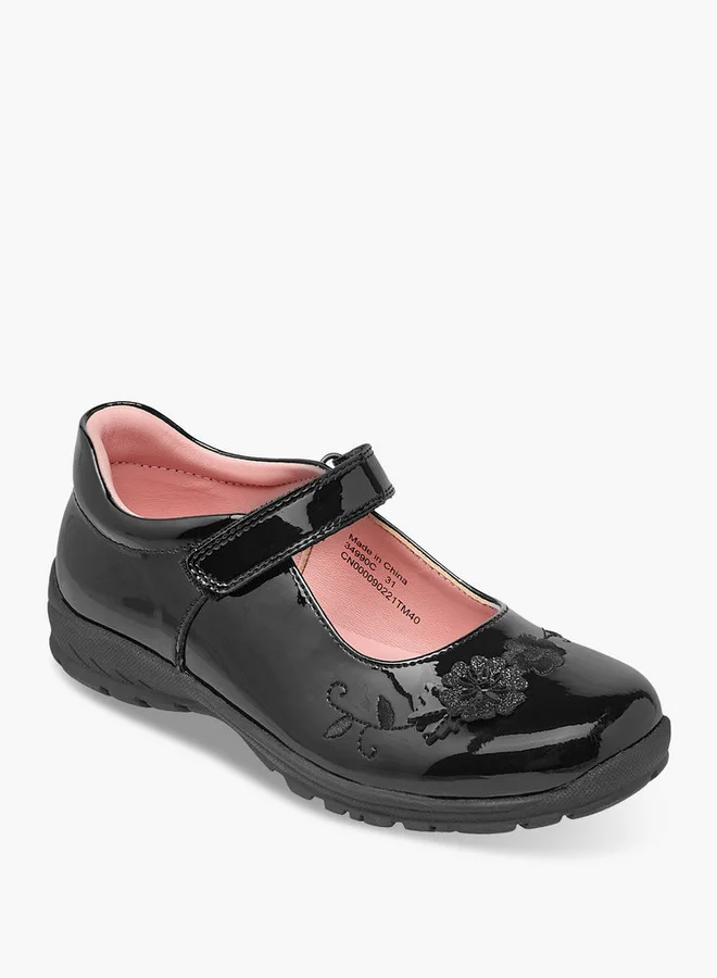 جونيورز Girls Floral Embroidered Mary Jane School Shoes with Hook and Loop Closure