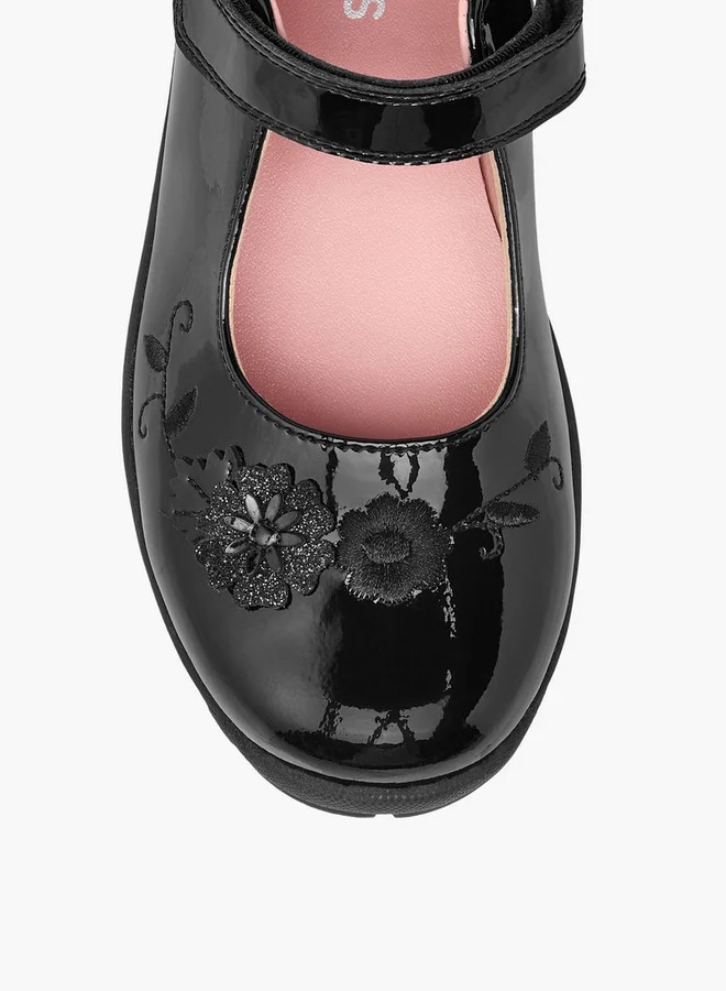 JUNIORS Girls Floral Embroidered Mary Jane School Shoes with Hook and Loop Closure