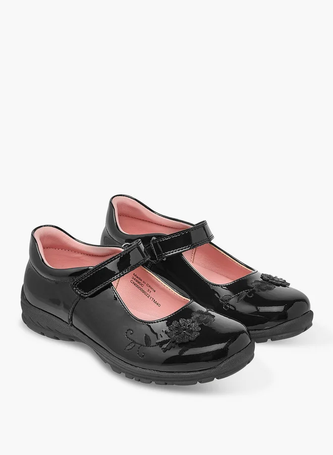 جونيورز Girls Floral Embroidered Mary Jane School Shoes with Hook and Loop Closure