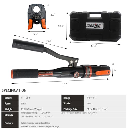 iGeelee Hydraulic Copper Pipe Press Tool with 3 Sets of Dies – Compatible with 1/2", 3/4", 1" Copper Pipe, F877 Stainless PEX Press Sleeves & ASTM F1807 PEX Copper Rings (3/8"–1") - Image 4