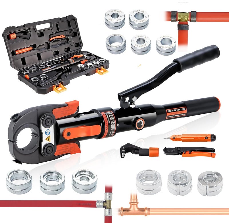iGeelee Hydraulic Copper Pipe Press Tool with 3 Sets of Dies – Compatible with 1/2", 3/4", 1" Copper Pipe, F877 Stainless PEX Press Sleeves & ASTM F1807 PEX Copper Rings (3/8"–1") - Image 1
