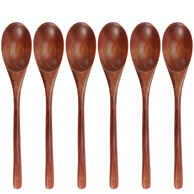 ADLORYEA Wooden Spoons, 6 Pieces 9 Inch Wood Soup Spoons for Eating Mixing Stirring, Long Handle Spoon with Japanese Style Kitchen Utensil, ADLORYEA Eco Friendly Table Spoon (Nanmu, 9 Inch) - Image 1