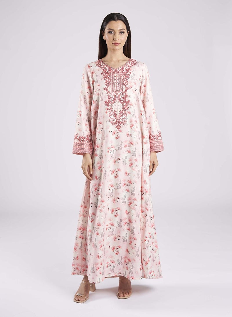 كشخة جلابية بطباعة ديجيتال من الرايون بنقوش الزهور والأوراق - Image 1