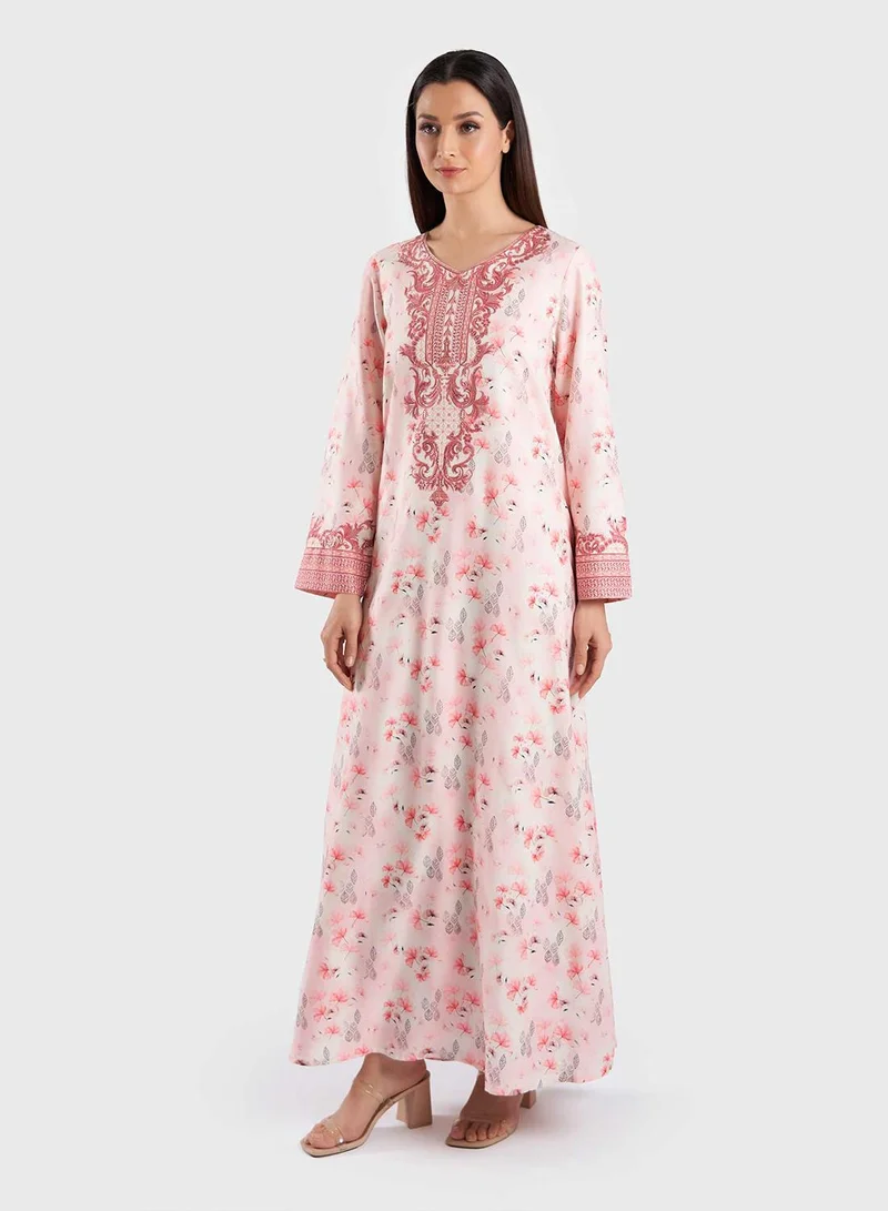 KASHKHA Rayon Digital Floral and Leaves Print Jalabiya