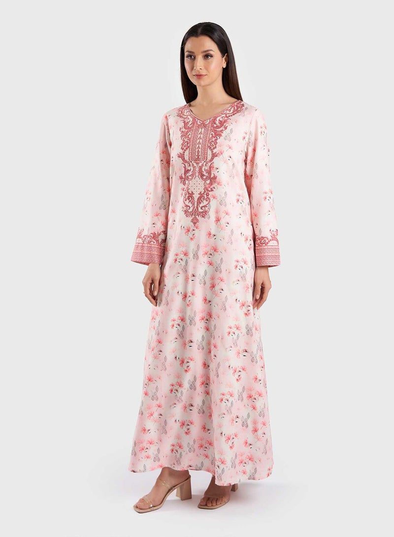 كشخة جلابية بطباعة ديجيتال من الرايون بنقوش الزهور والأوراق - Image 3