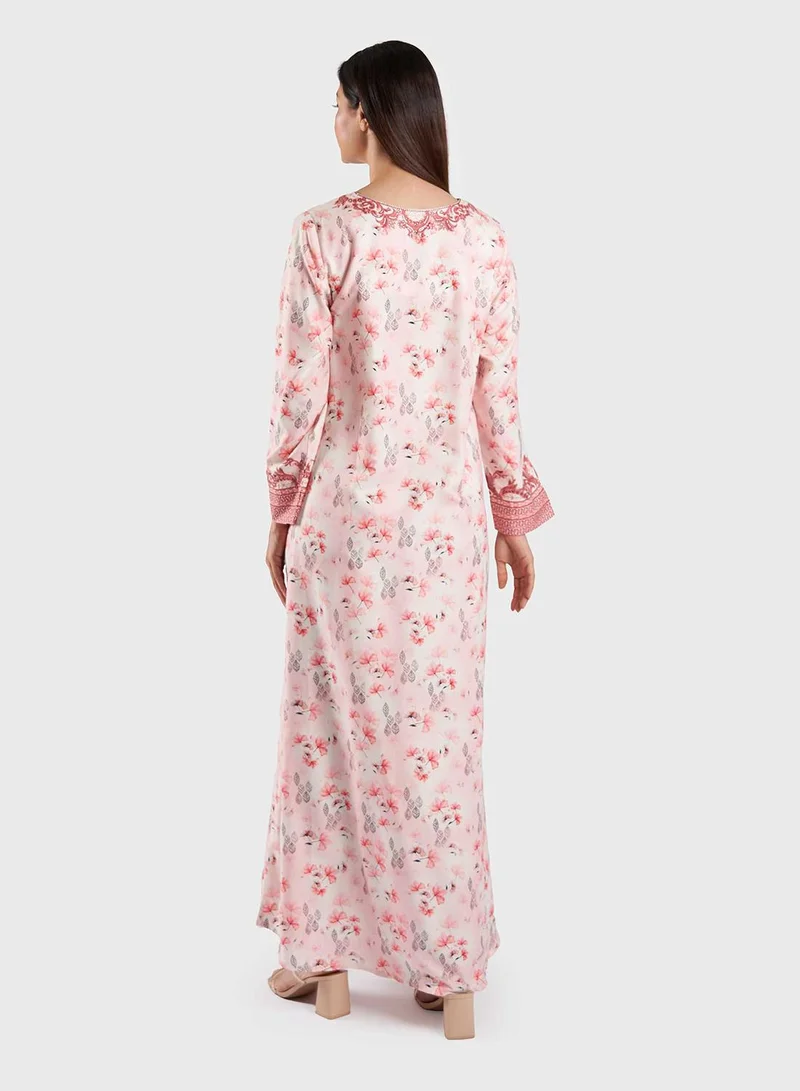 KASHKHA Rayon Digital Floral and Leaves Print Jalabiya