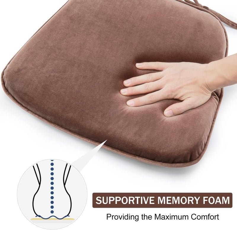 downluxe Indoor Chair Cushions for Dining Chairs, Dutch Velvet Fabric Memory Foam Chair Pads with Ties for Kitchen, Dining Room and Bedroom, 17" X 16" X 1.5", Brown, 6 Pack - Image 5