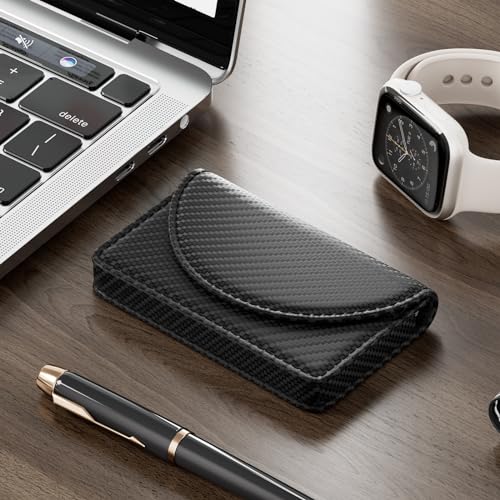 MaxGear Business Card Holder Case, PU Leather Business Card Case for Purse, Pocket Name Card Holder Wallet for Men or Women, Portable Magnetic Business Card Carrier for Christmas Gift, Black Carbon - Image 5