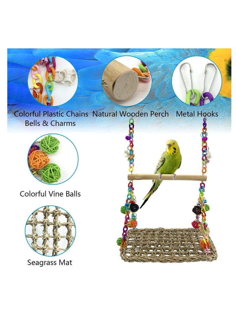 Excefore Bird Seagrass Swing Toys with Wood Perch Bird Parrot Trapeze Swing Seagrass Bird Climbing Hammock Bird Perch Stand Chewing Toy for Lovebird, Cockatiel, Budgie, Conure Parrotlet - Image 3