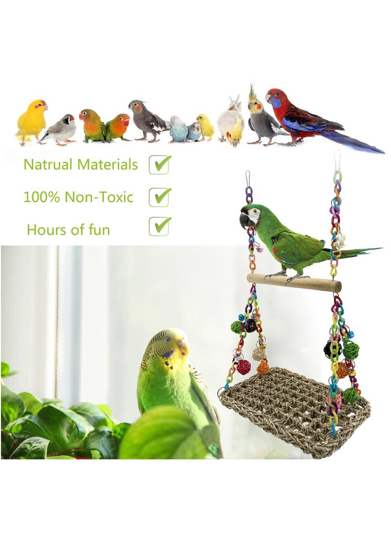 Excefore Bird Seagrass Swing Toys with Wood Perch Bird Parrot Trapeze Swing Seagrass Bird Climbing Hammock Bird Perch Stand Chewing Toy for Lovebird, Cockatiel, Budgie, Conure Parrotlet - Image 4