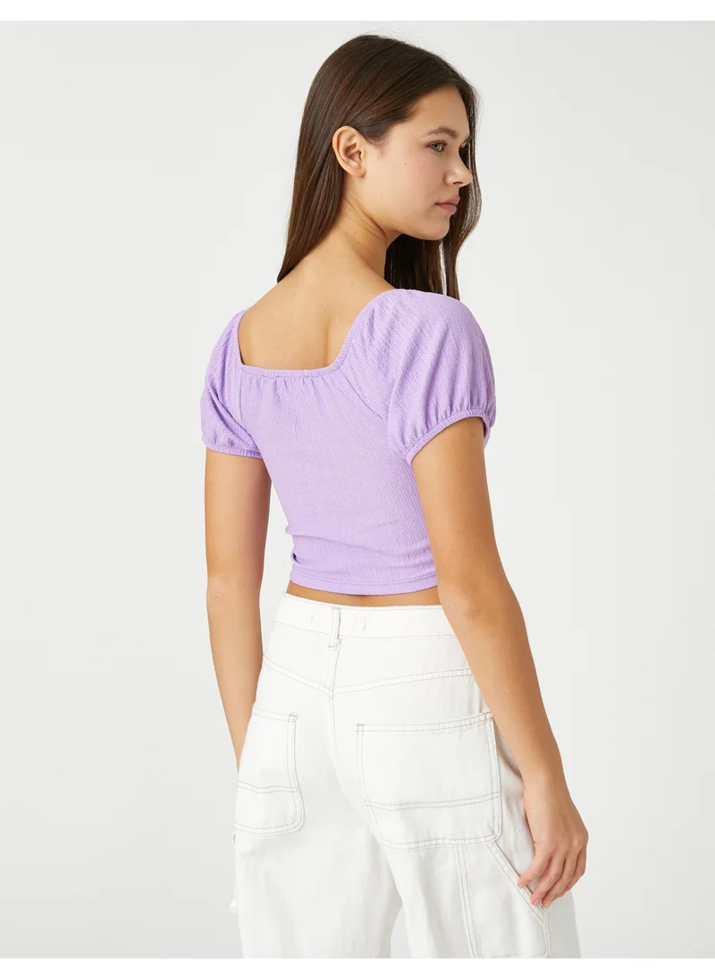 كوتون Crop T-Shirt Balloon Sleeves Gather Detailed V-Neck