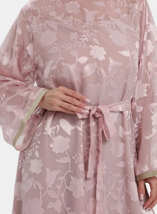 Elena by DStyle Pink Flora Burnout Waist Tie Jalabiya