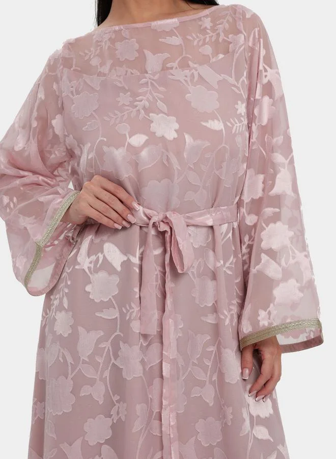 Elena by DStyle Pink Flora Burnout Waist Tie Jalabiya