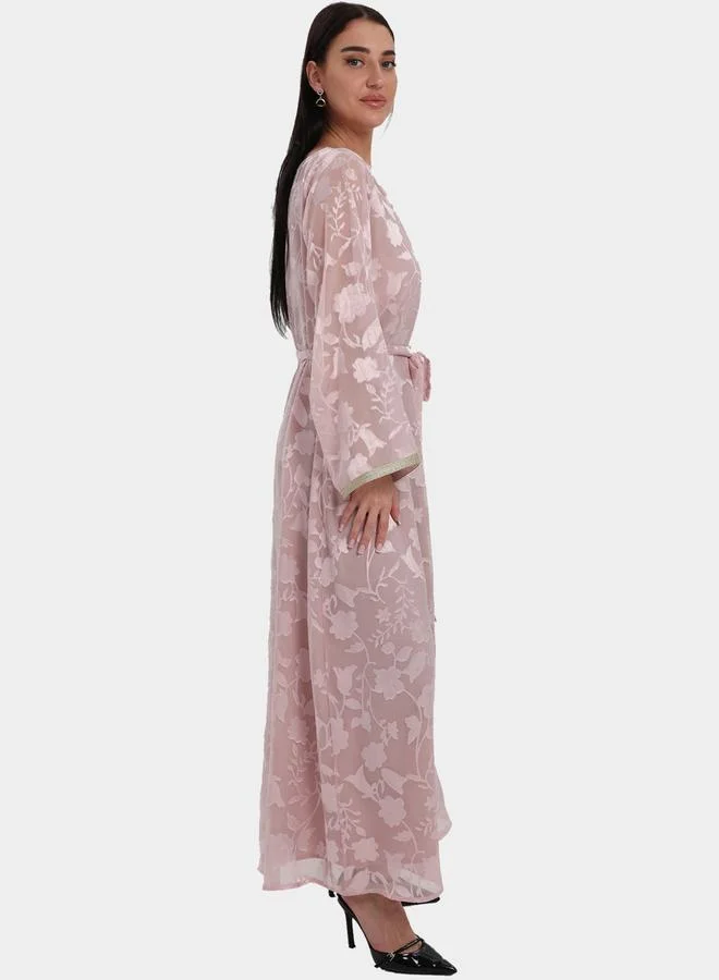 Elena by DStyle Pink Flora Burnout Waist Tie Jalabiya