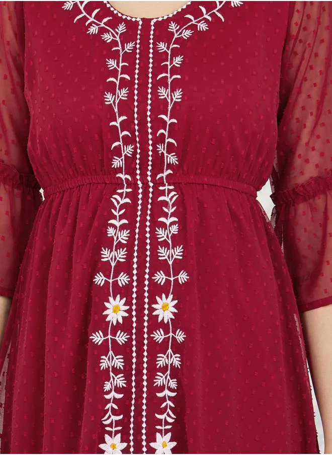 Styli Embroidered Dobby A-Line Midi Dress