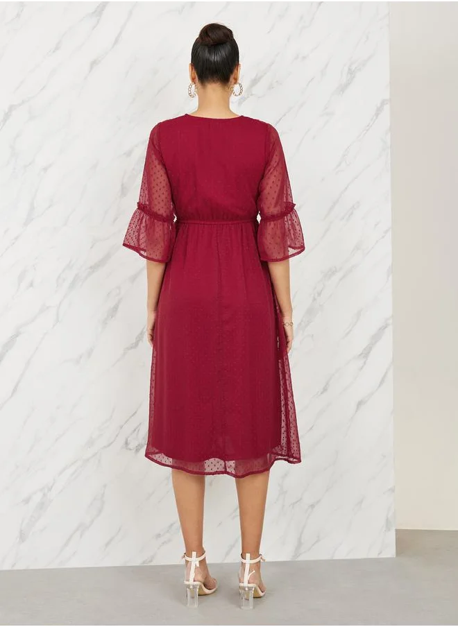 Styli Embroidered Dobby A-Line Midi Dress