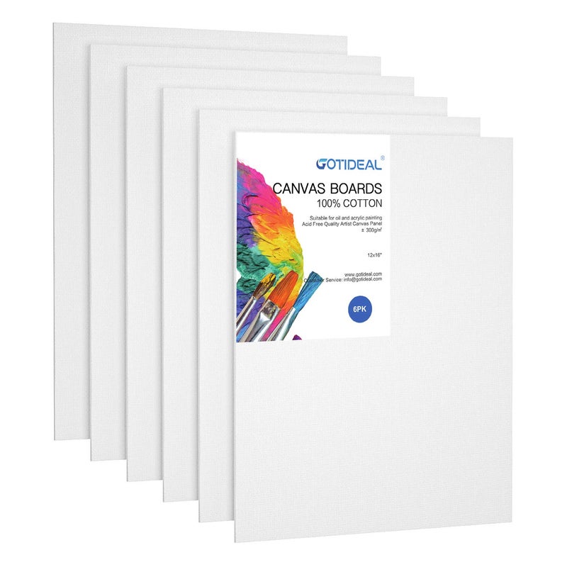 GOTIDEAL Canvases for Painting, 12x16 inch of 6 Pack, Professional Primed White Blank Flat Canvas Panels- 100% Cotton Artist Canvas Boards for Acrylics Painting, Oil Watercolor Tempera - Image 1