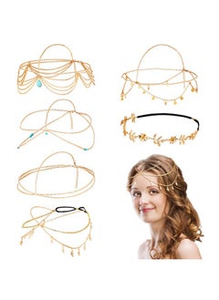 Mtlee Tlee 6 Pieces Gold Head Chain Jewelry Bohemian Bridal Headpiece Small Coins Leaf Flower Turquoise Gemstone Tassel Chain Wedding Headbands Boho Princess Hair Accessories For Women Girls  - Image 2