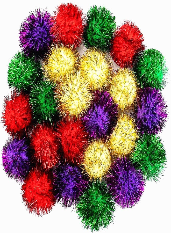 AUEAR, 24 Pack 2 Inch Extra Large Sparkle Cat Ball Glitter Tinsel Pom Pom Balls for Kittens (4 Assorsted Colors) - Image 1