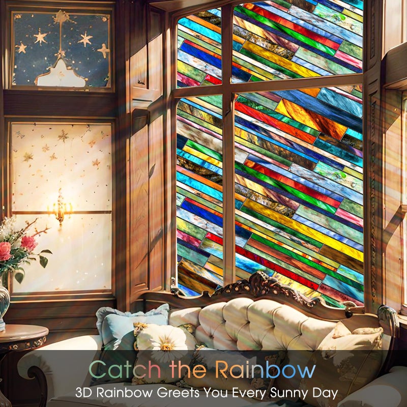 Windimiley Stained Glass Window Privacy Film:3D Vintage Floral Decorative Frosted Static Cling Bathroom Heat Control Sun Blocking Window Sticker Non Adhesive Door Covering(16.9X 39.4 in,Stereo) - Image 2