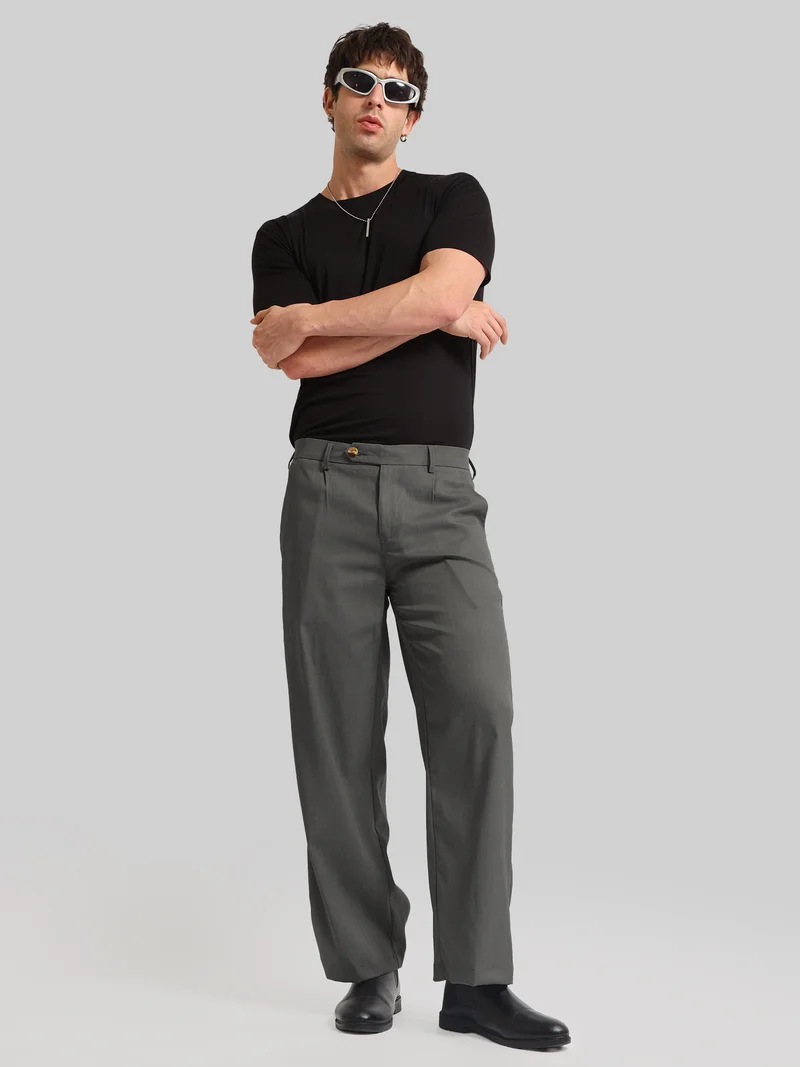 Maniac  Maniac Solid Steel Grey Baggy Cotton Blend Trouser for Men | Best Price UAE