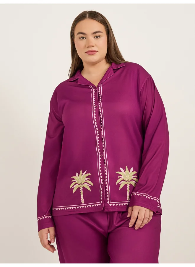 ستايلي Styli Unwind Plus Size Palm Tree Graphic Print Long Sleeve Shirt and Pyjama Set