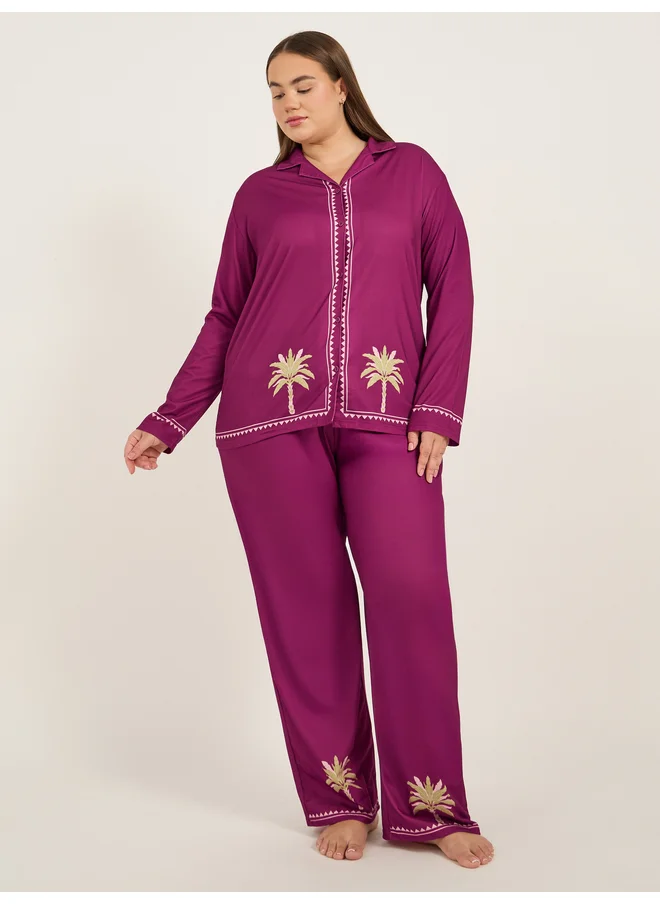 ستايلي Styli Unwind Plus Size Palm Tree Graphic Print Long Sleeve Shirt and Pyjama Set
