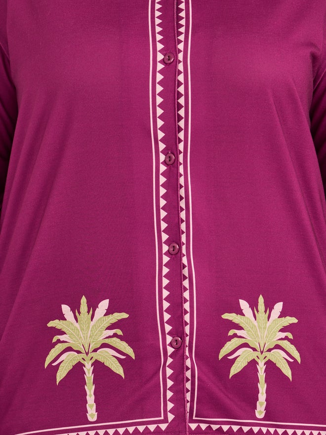 Styli Styli Unwind Plus Size Palm Tree Graphic Print Long Sleeve Shirt and Pyjama Set  - Image 3