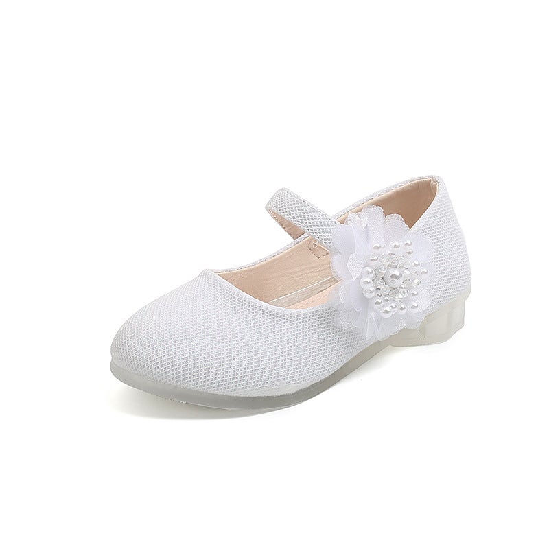 Korean Fashion Pearl Flower Girls Dress Shoes White