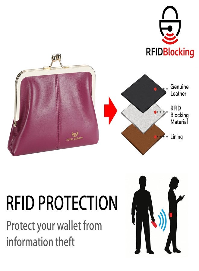 Royal Bagger Fashionable Genuine Leather RFID Blocking Women's Wallet with Kiss Lock, Card Slots and Zipper Coin Pocket 4120 (Rose) - Image 2
