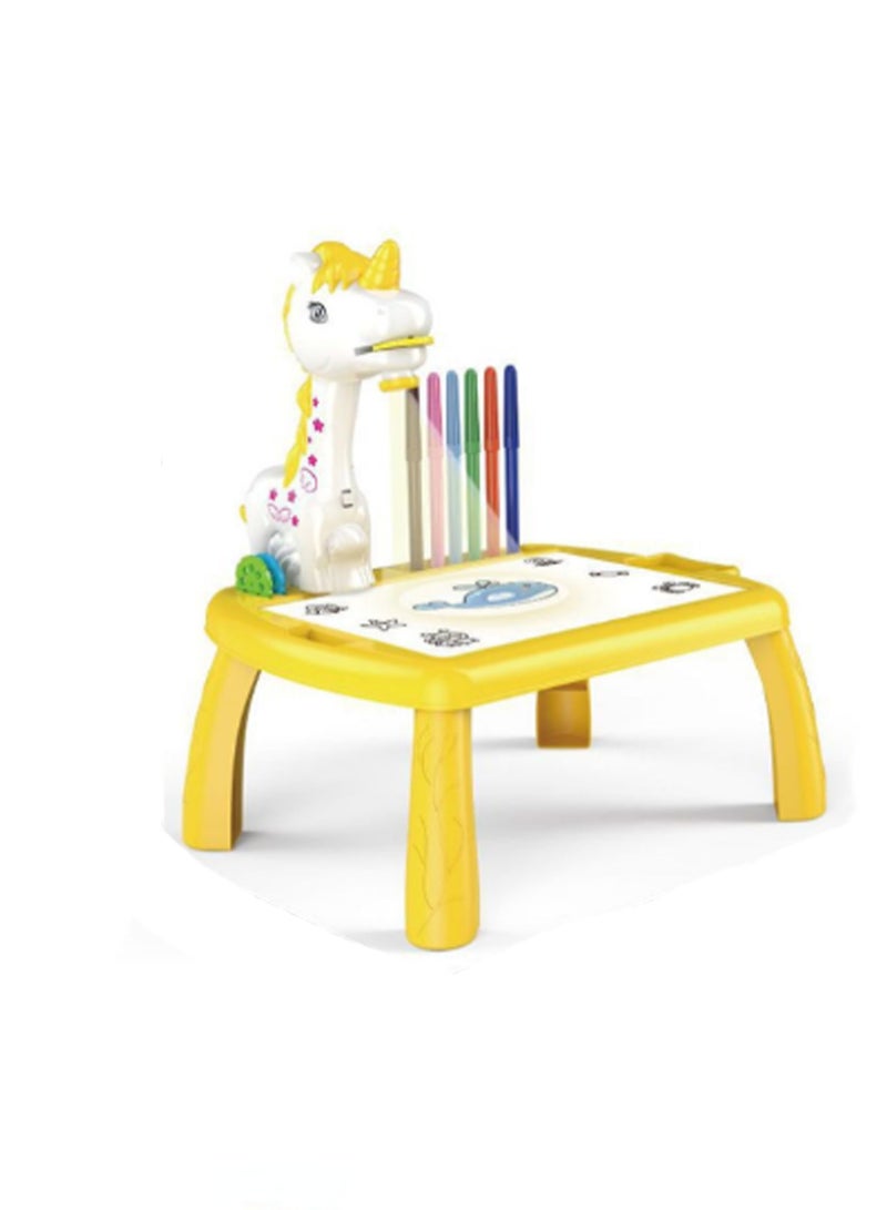 طاولة عرض يونيكورن صفراء، جهاز عرض رسم للأطفال مع مصباح يدوي، لعبة عرض شرائح، طاولة رسم تتبعية مع موسيقى خفيفة، مناسبة لهدايا ألعاب تعلم الفن المبكر - Image 1