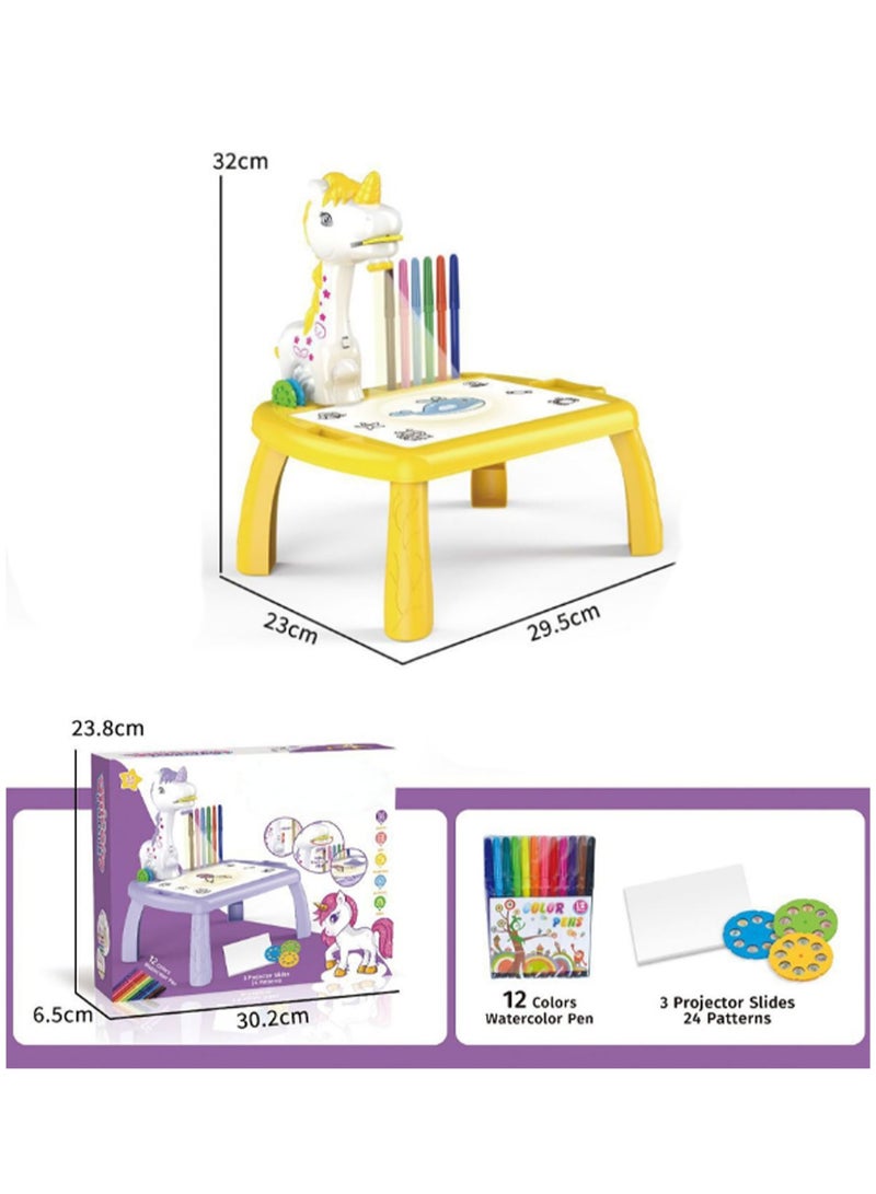 طاولة عرض يونيكورن صفراء، جهاز عرض رسم للأطفال مع مصباح يدوي، لعبة عرض شرائح، طاولة رسم تتبعية مع موسيقى خفيفة، مناسبة لهدايا ألعاب تعلم الفن المبكر - Image 2
