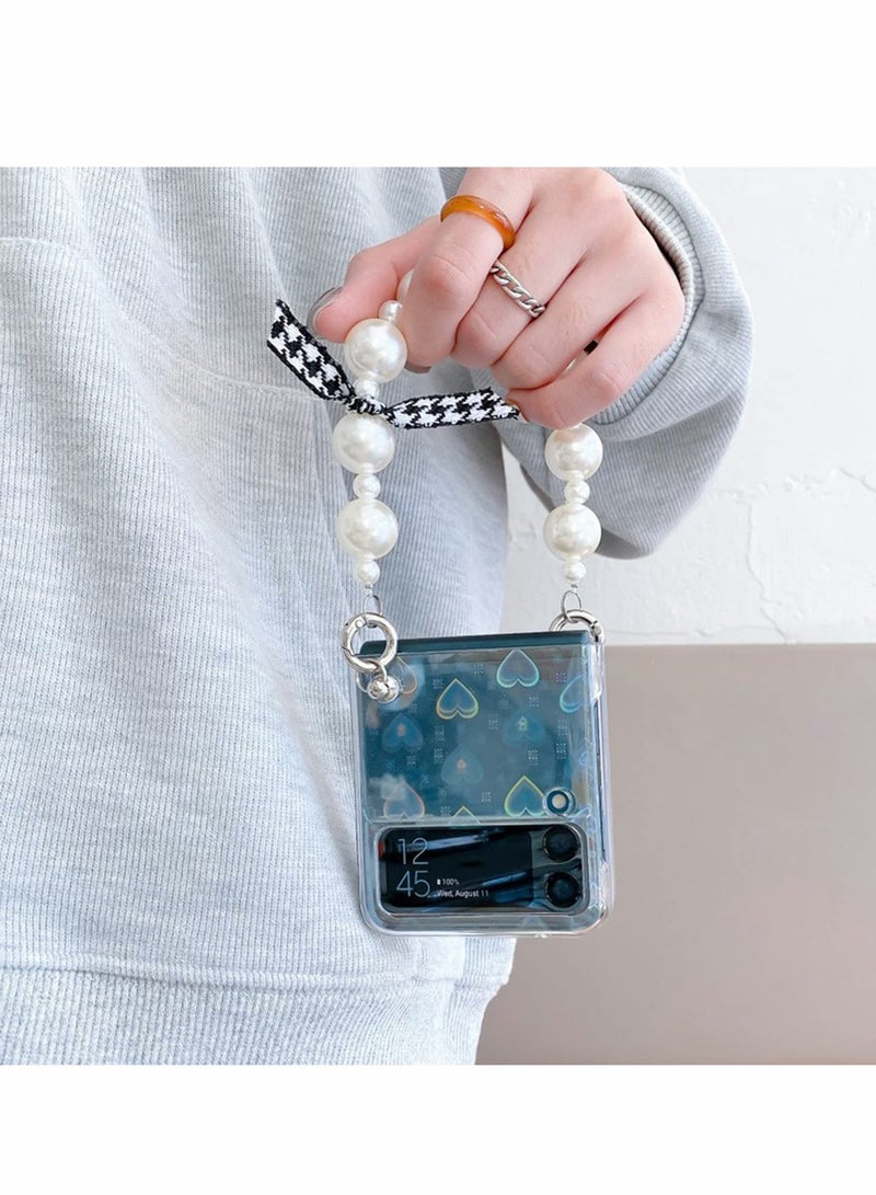 حافظة لطيفة لجهاز سامسونج جالاكسي Z Flip 3، فاخرة شفافة مع لمعة ليزر وقلب متلألئ مع سوار سلسلة لؤلؤة لليد للفتيات والنساء، غلاف صلب مضاد للصدمات لجهاز سامسونج جالاكسي Z Flip 3 5G - Image 5