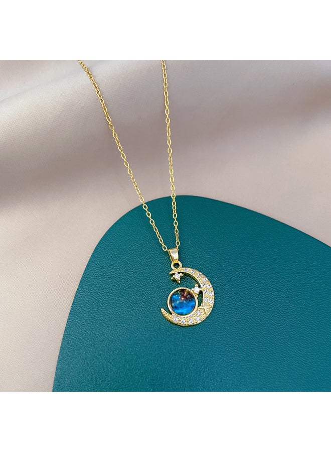 Enchanting Gold Tone Star and Moon Pendant Necklace with Blue Gemstone, Gold Plated Titanium Steel, Rhinestone Accents, Celestial Crescent Moon Design, Elegant and Mystical Style, Ideal for Evening Parties, Special Occasions, or Gifting, Exquisite Fashion Jewelry for Women