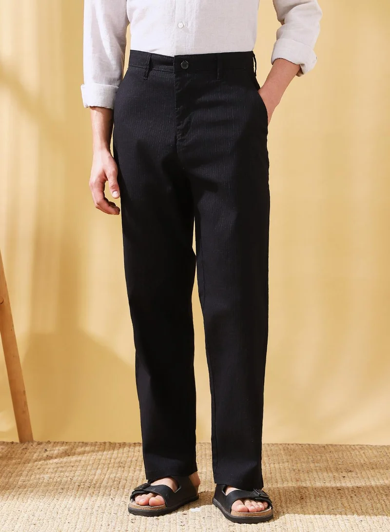 Dennis Lingo Men's Black Cotton Blend Striped Full Length Casual Straight Trouser