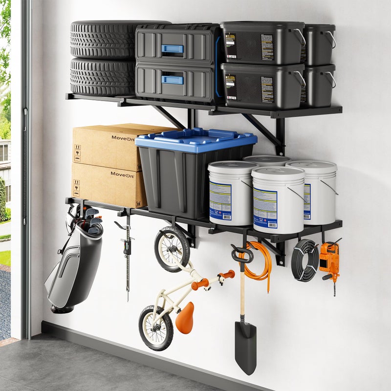 FLEXIMOUNTS 2x4ft Garage Wall Shelving, 2-Pack Heavy Duty Garage Shelving Wall Mounted with 8 Hooks, 400lbs Capacity, Storage for Power Tools, Garden Supplies, Storage Bins, Lite Series - Image 1
