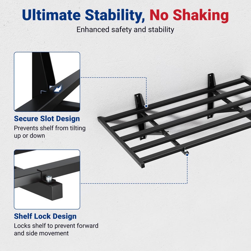 FLEXIMOUNTS 2x4ft Garage Wall Shelving, 2-Pack Heavy Duty Garage Shelving Wall Mounted with 8 Hooks, 400lbs Capacity, Storage for Power Tools, Garden Supplies, Storage Bins, Lite Series - Image 5