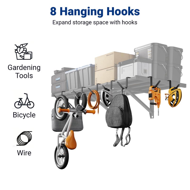 FLEXIMOUNTS 2x4ft Garage Wall Shelving, 2-Pack Heavy Duty Garage Shelving Wall Mounted with 8 Hooks, 400lbs Capacity, Storage for Power Tools, Garden Supplies, Storage Bins, Lite Series - Image 4