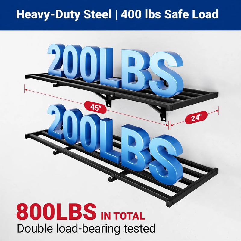 FLEXIMOUNTS 2x4ft Garage Wall Shelving, 2-Pack Heavy Duty Garage Shelving Wall Mounted with 8 Hooks, 400lbs Capacity, Storage for Power Tools, Garden Supplies, Storage Bins, Lite Series - Image 3