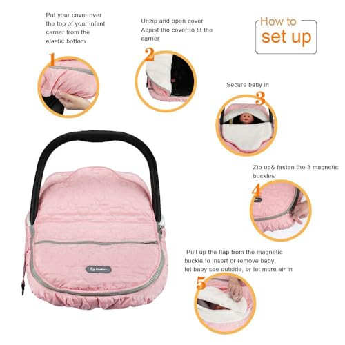 Yoofoss Baby Car Seat Cover Winter Carseat Canopies Cover to Protect Baby from Cold Wind, Super Warm Plush Fleece Baby Carrier Cover for Infant Boys Girls (Pink) - Image 3