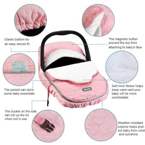 Yoofoss Baby Car Seat Cover Winter Carseat Canopies Cover to Protect Baby from Cold Wind, Super Warm Plush Fleece Baby Carrier Cover for Infant Boys Girls (Pink) - Image 2