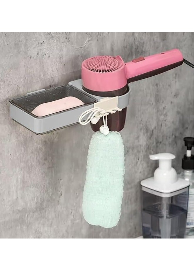 Soap Dish Holder and Hair Dryer Holder with Hanging Towel, Headband, Necklace, and Toothbrush Hanging Hooks - for Use in Bathroom, Kitchen, Bathtub, Sink, Wall Mounted (1 Piece) - Image 1