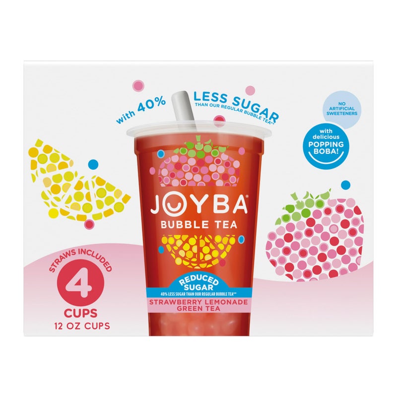 Joyba Reduced Sugar Strawberry Lemonade Flavored Green Bubble Tea, 4 Pack,12 fl oz. Cups - Image 1