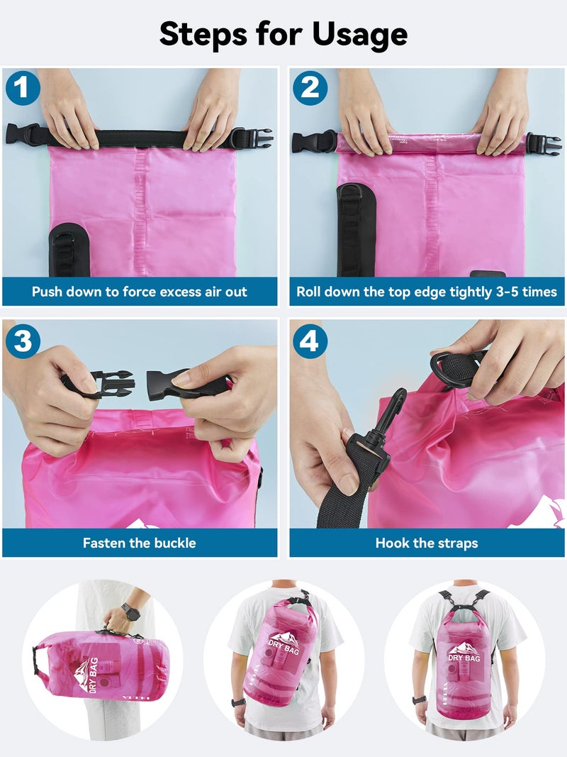 HEETA Dry Bag Waterproof for Women Men, Roll Top Lightweight Dry Storage Bag Backpack with Phone Case for Travel Swimming Boating Kayaking Paddle Board Camping Beach Accessories (Rose Red, 5L) - Image 5