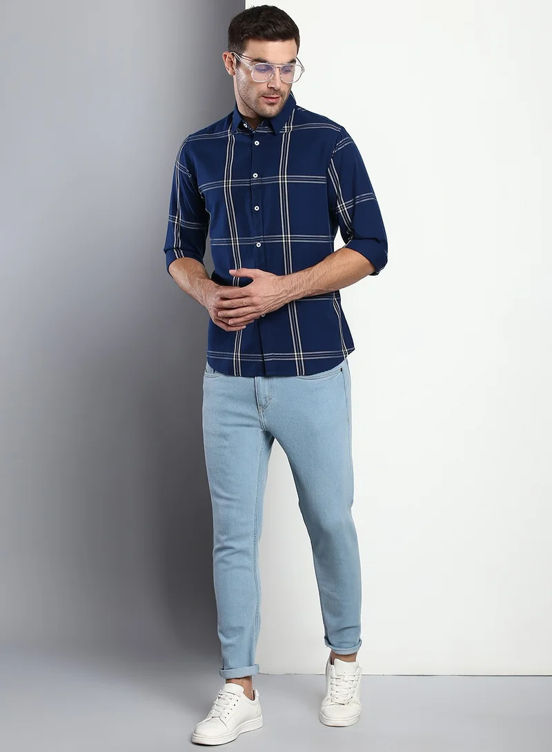 دينيس لينغو Men's Blue Slim Fit Cotton Casual Shirt
