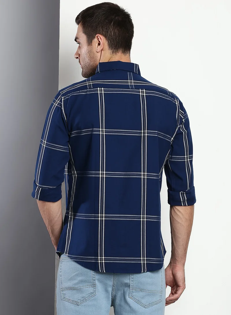 دينيس لينغو Men's Blue Slim Fit Cotton Casual Shirt